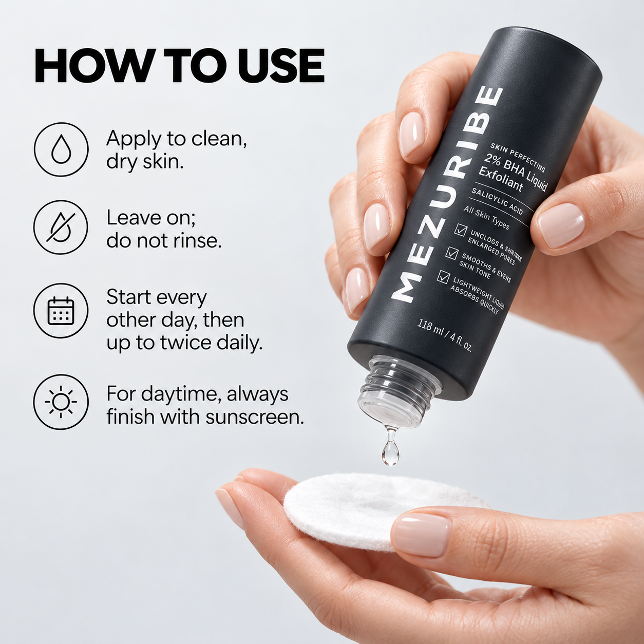 Instructions: apply to clean dry skin, leave on, start every other day, use sunscreen in daytime